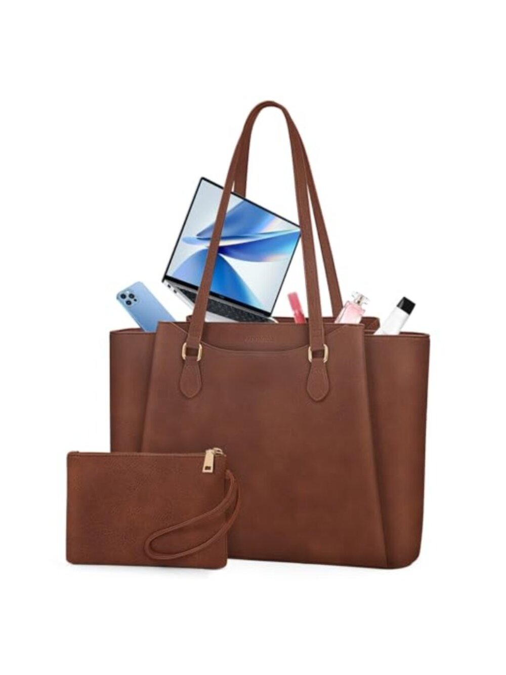 PU Leather Laptop Tote Bag for Women 15.6 Inch Work Briefcase